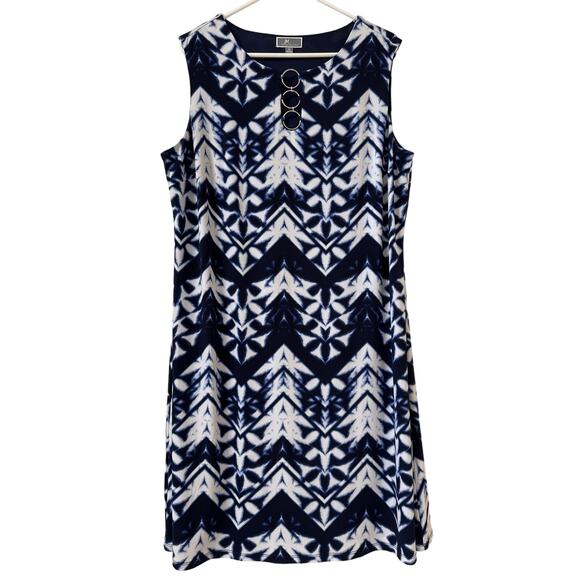 JM Collection XL Blue & White Sleeveless Dress Silver Links Accent Neck - Picture 1 of 6